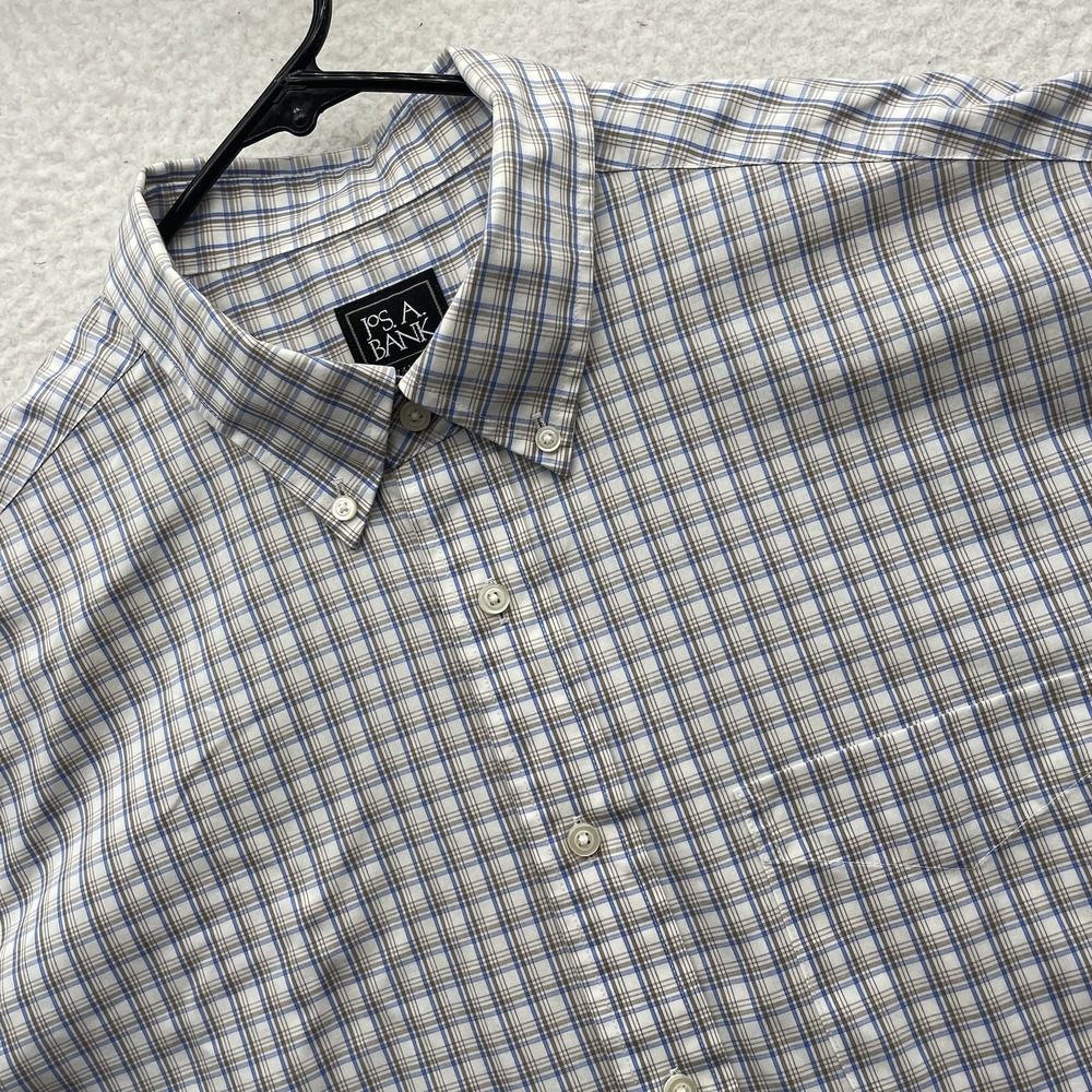 Joseph A Bank Traveler Shirt Mens XL Blue Brown White‎ Plaid Check Preppy Exec